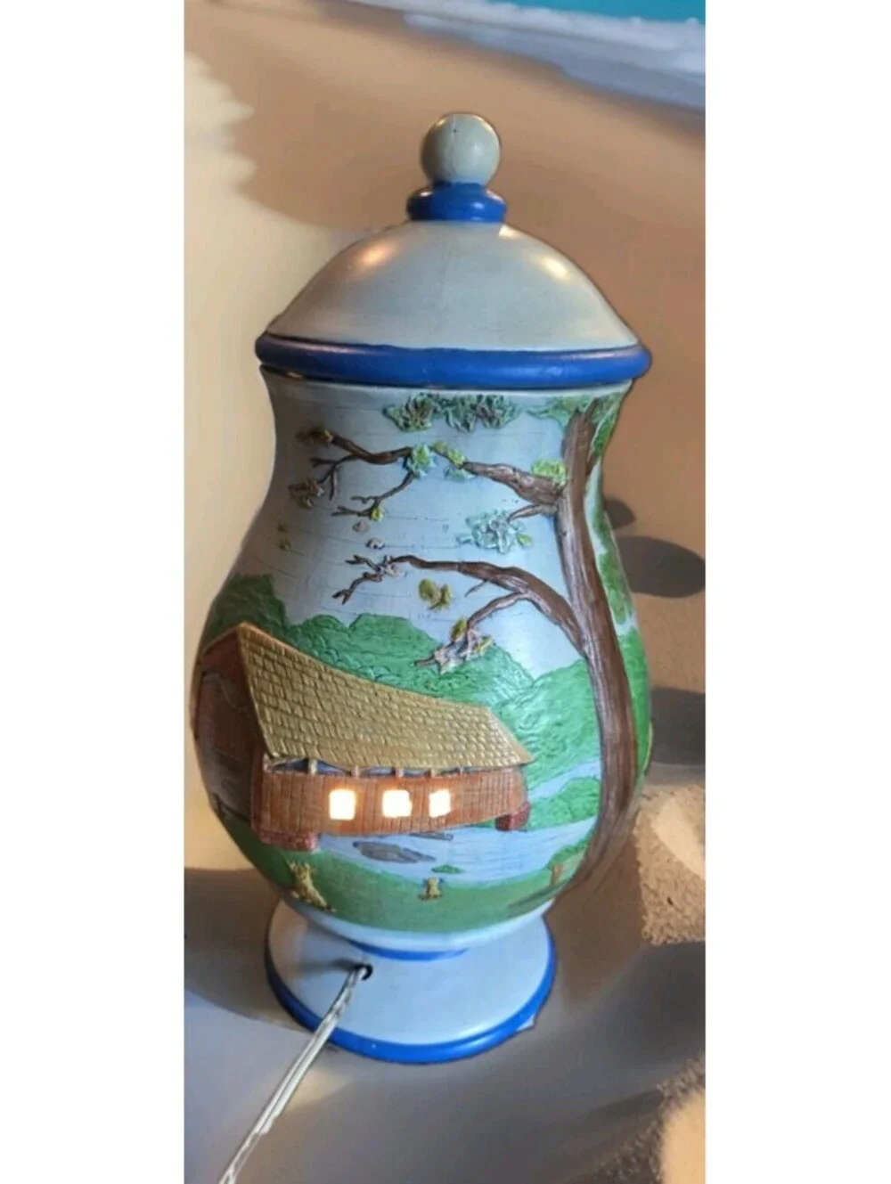 Vintage 1982 Table Lamp Ceramic Apothecary Jar Rustic Farm Barn Scene 13”TX8